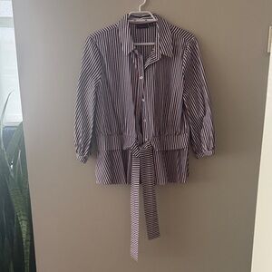 Halogen Striped Button-Down Shirt Jacket in Navy and White